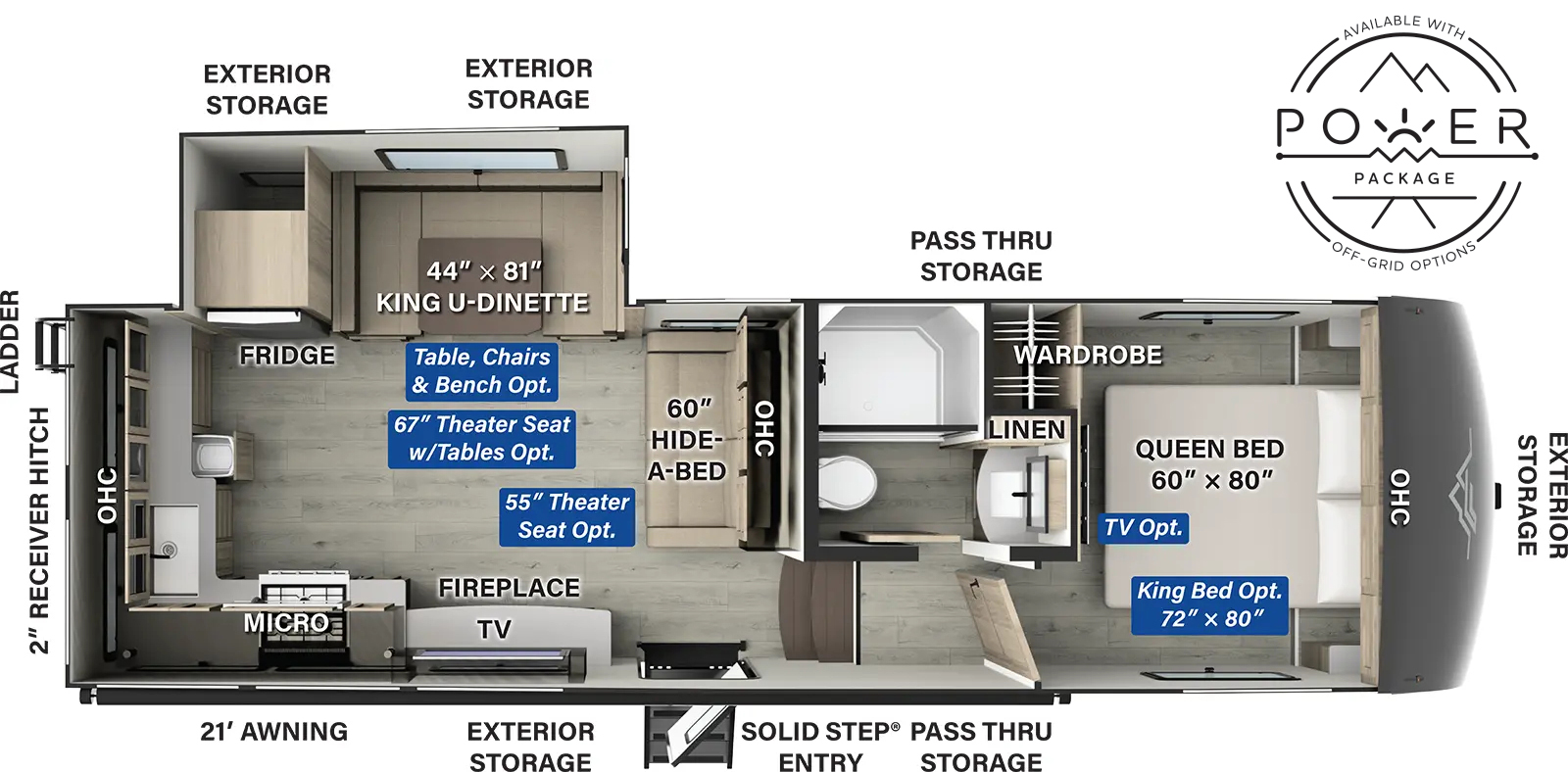 The Flagstaff Classic Fifth Wheels F301RKS has one entry and one slide out. Exterior features include: fiberglass exterior and 21' awning. Interiors features include: rear kitchen, u-dinette and front bedroom.